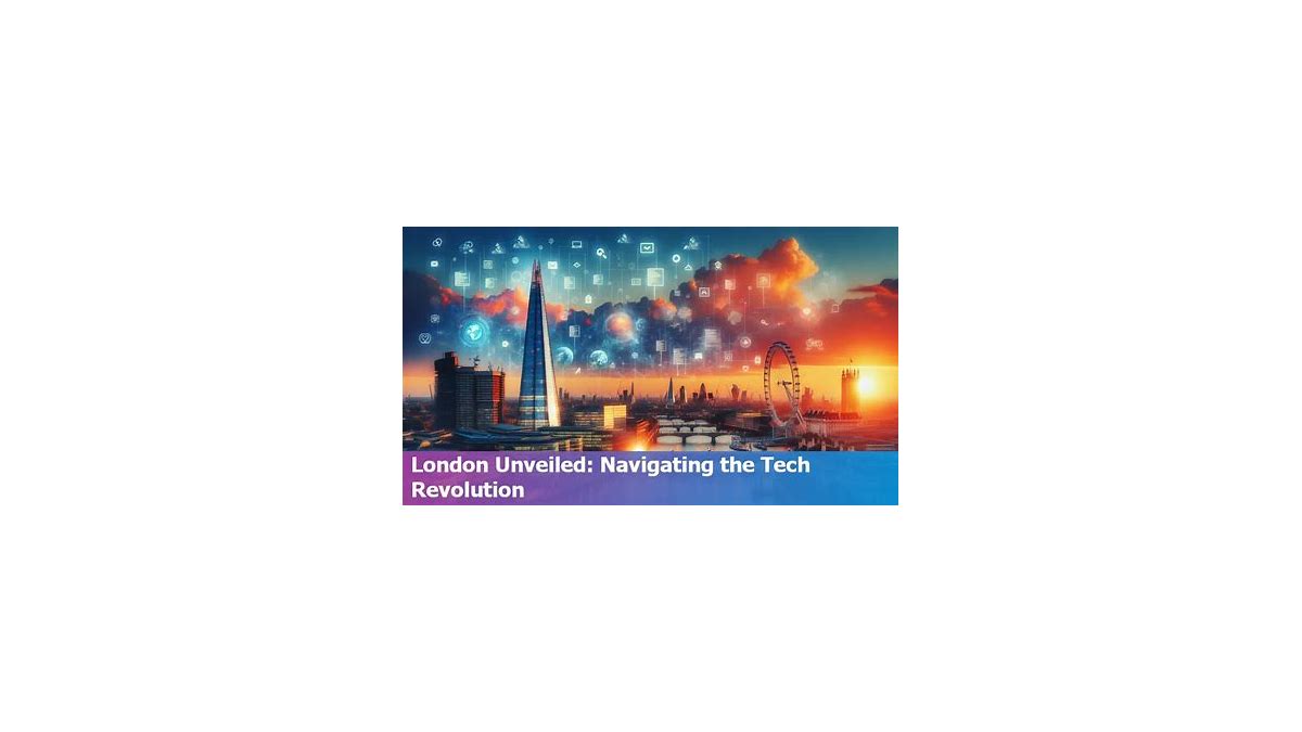 A vibrant skyline of London showcasing modern buildings, with a digital overlay of code and data, representing the city's status as a tech hub.