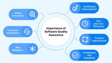 Illustration showing the importance of software quality assurance with gears and a magnifying glass, emphasizing precision.