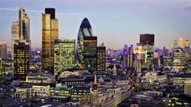 London skyline at dusk, representing a thriving tech hub
