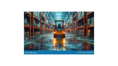 Modern warehouse with automated systems and forklifts