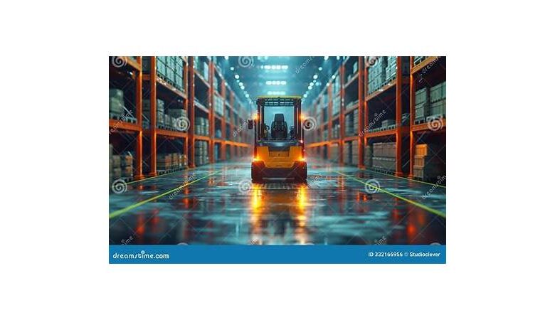 Modern warehouse with automated systems and forklifts