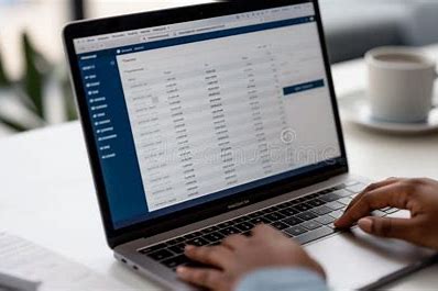 A business professional in the UK uses accounting software on a laptop, showing financial data and charts.