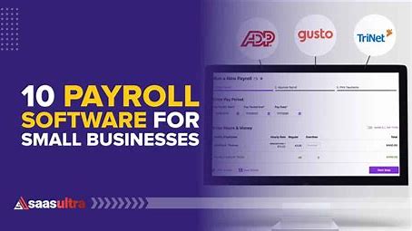 A small business owner smiling with relief while looking at a computer screen displaying simplified payroll data.