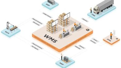 A visual representation of a modern warehouse floor with data overlays, indicating efficient management through WMS software.